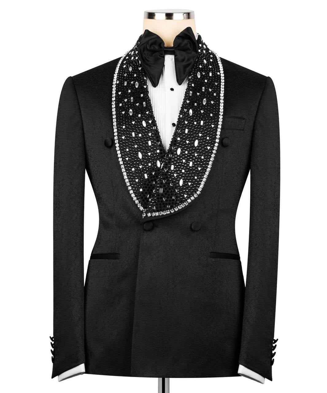 Black Textured Double Breasted Tuxedo with Embellished Shawl Lapel | Charly Luxury