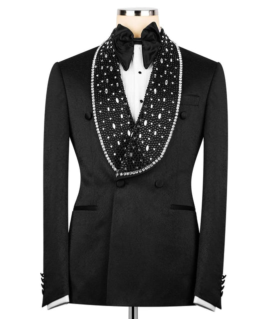 Black Textured Double Breasted Tuxedo with Embellished Shawl Lapel | Charly Luxury