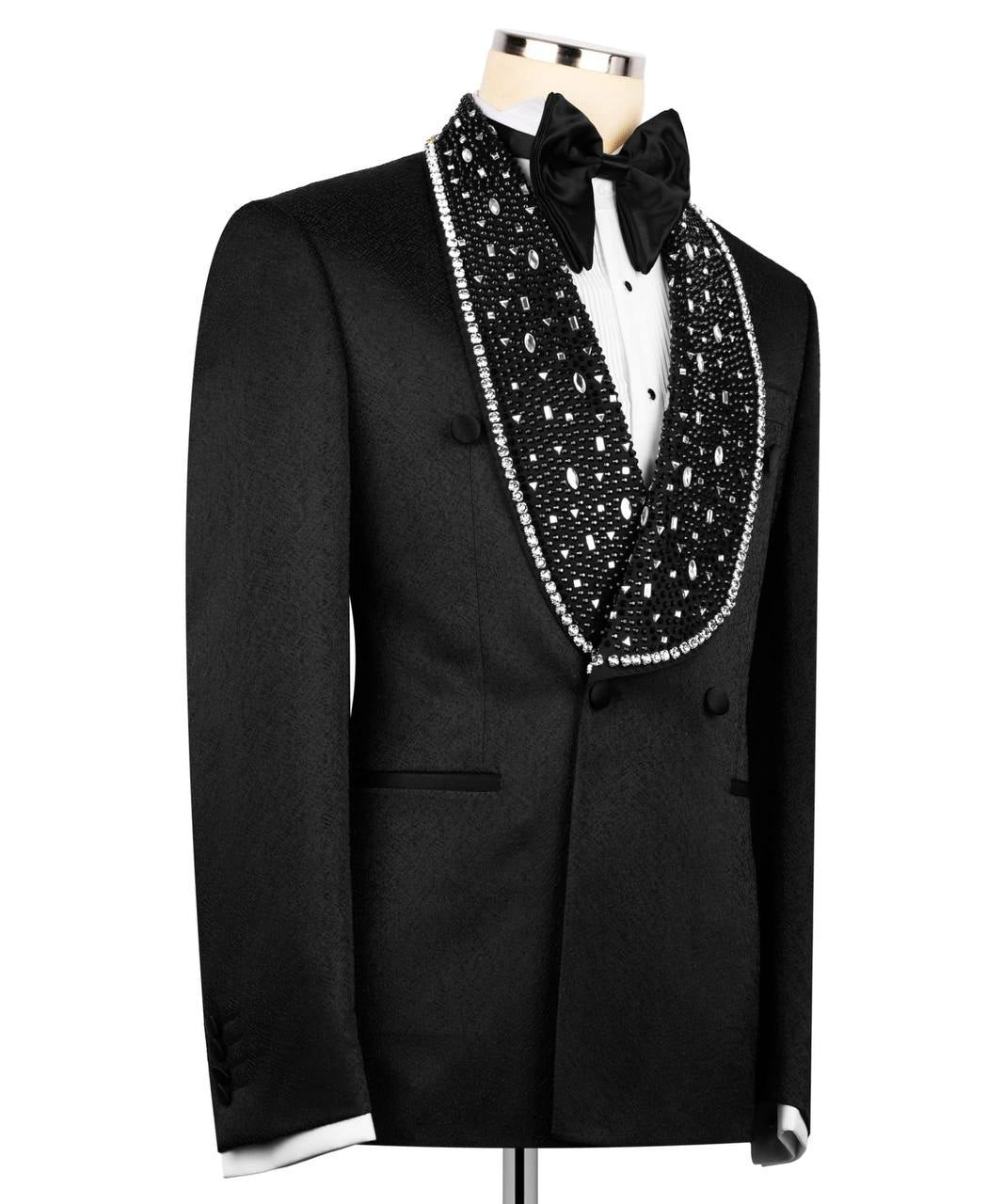 Black Textured Double Breasted Tuxedo with Embellished Shawl Lapel | Charly Luxury