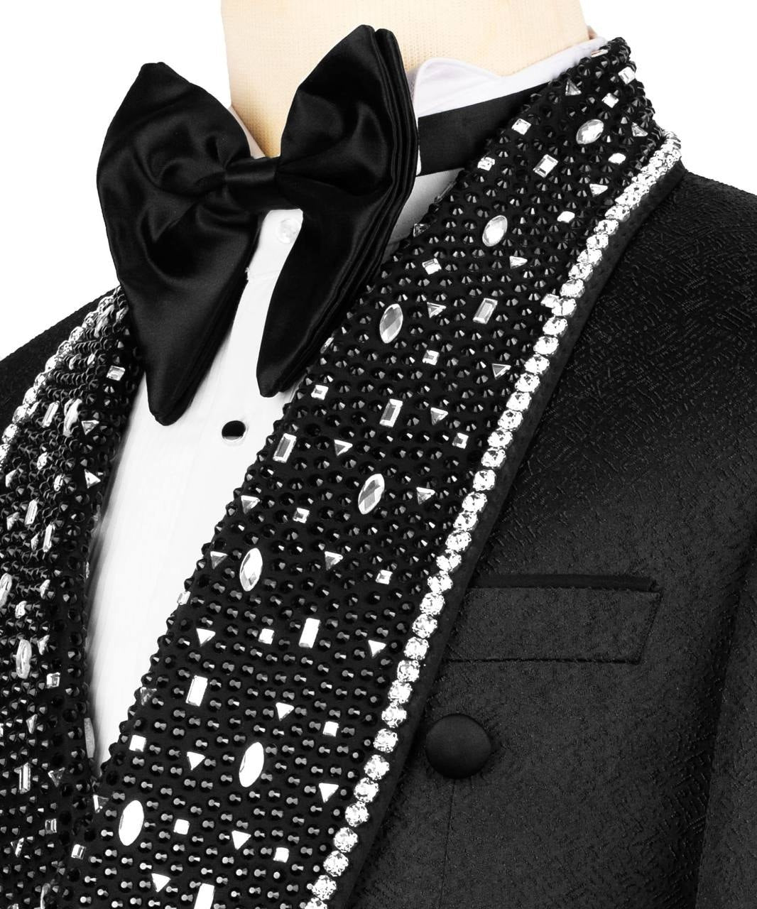 Black Textured Double Breasted Tuxedo with Embellished Shawl Lapel | Charly Luxury