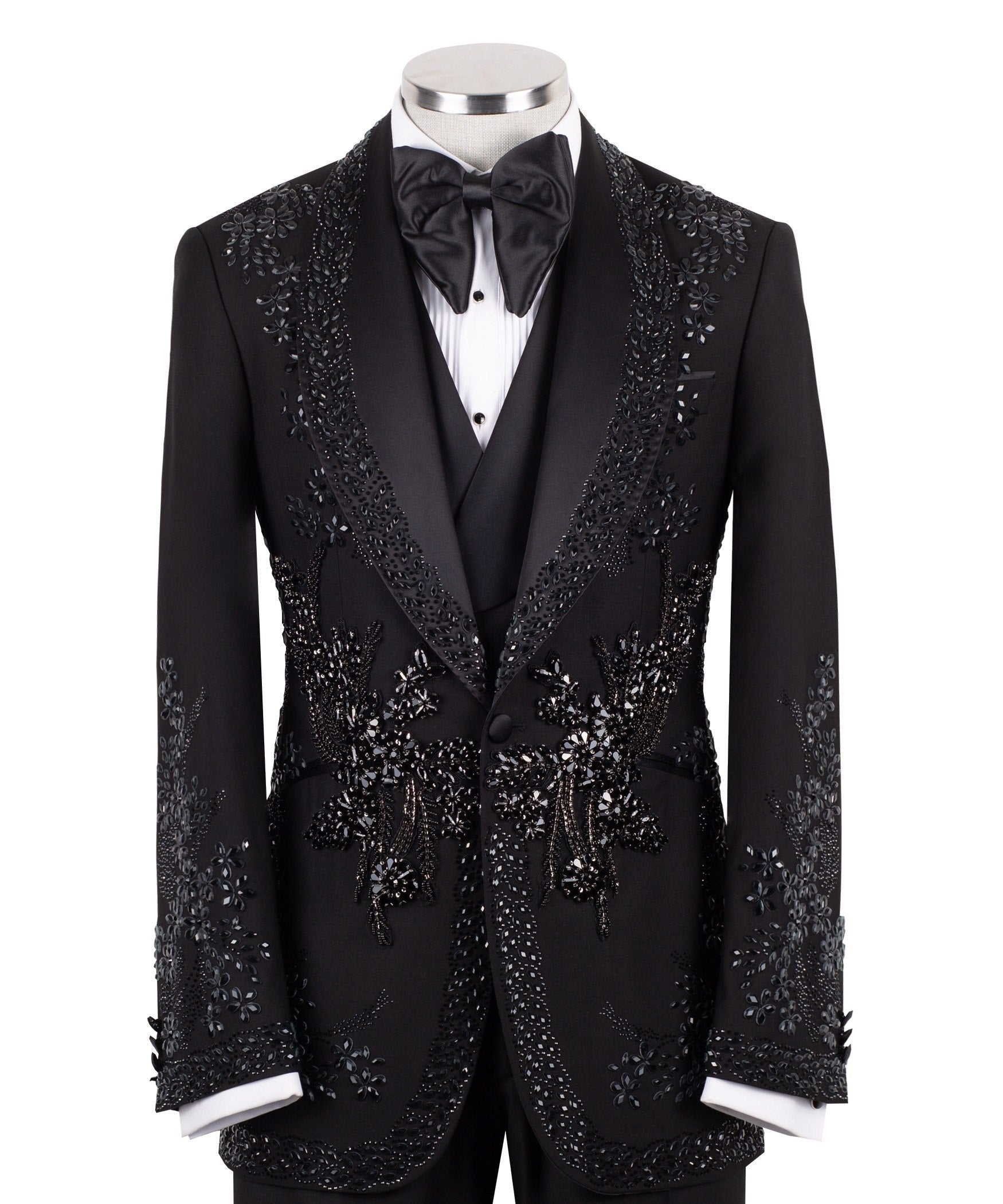 Black Embellished Wool Blend Peak Lapel Tuxedo | Charly Luxury