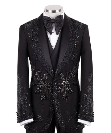Black Embellished Wool Blend Peak Lapel Tuxedo | Charly Luxury
