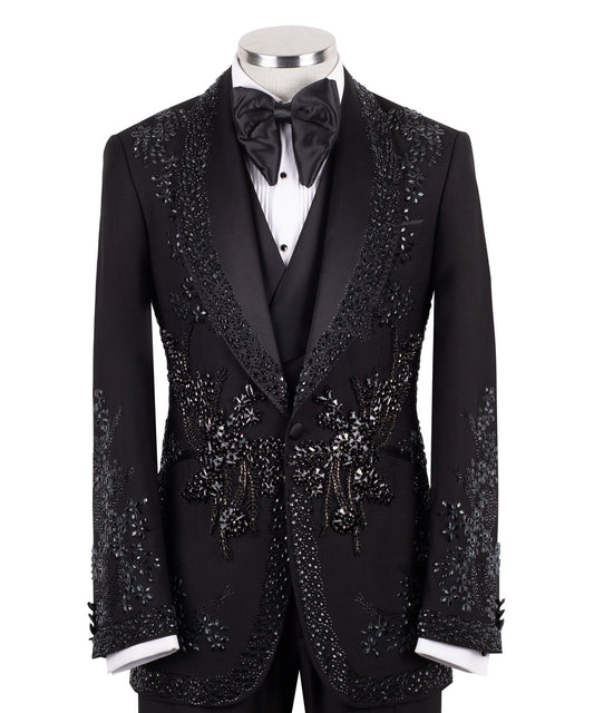 Black Embellished Wool Blend Peak Lapel Tuxedo | Charly Luxury