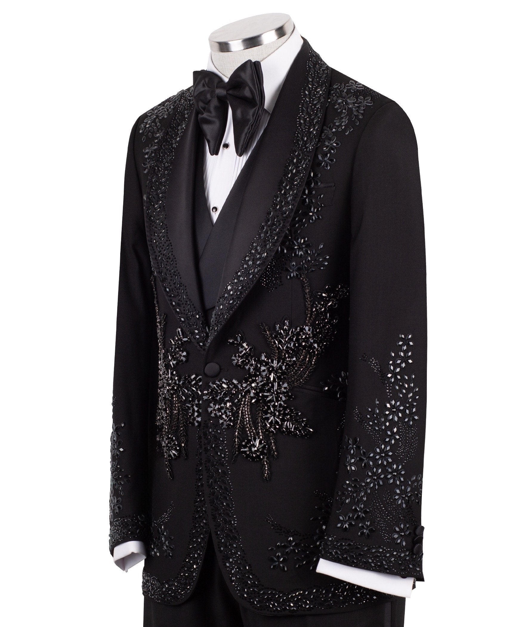 Black Embellished Wool Blend Peak Lapel Tuxedo | Charly Luxury