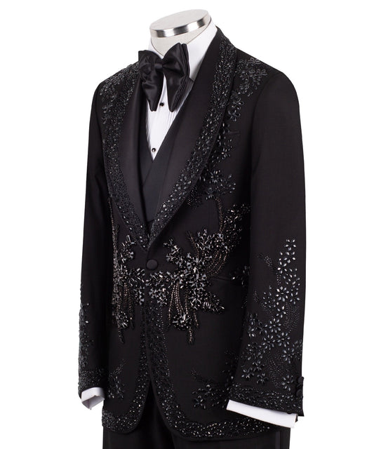 Black Embellished Wool Blend Peak Lapel Tuxedo | Charly Luxury