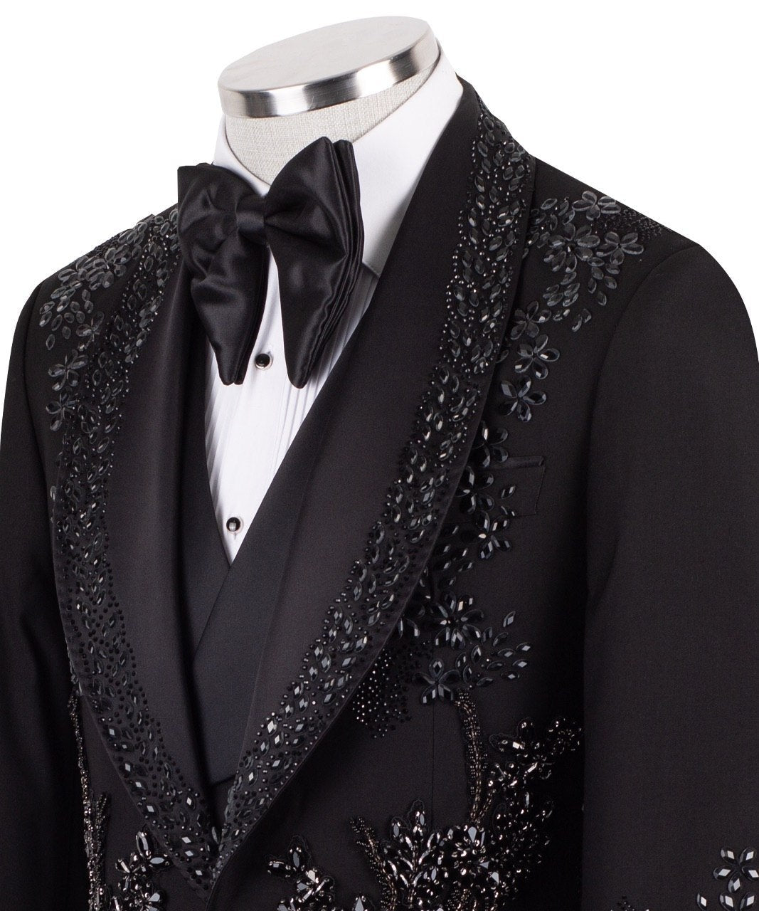Black Embellished Wool Blend Peak Lapel Tuxedo | Charly Luxury