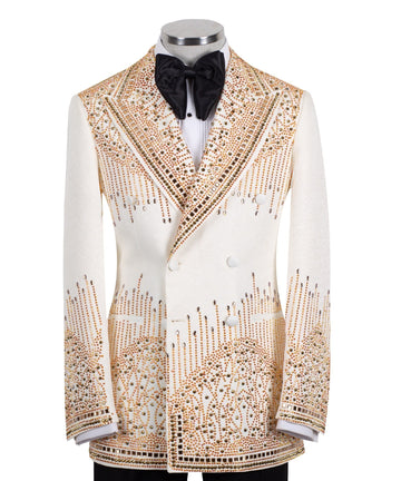 Cream Embellished Double Breasted Tuxedo | Charly Luxury