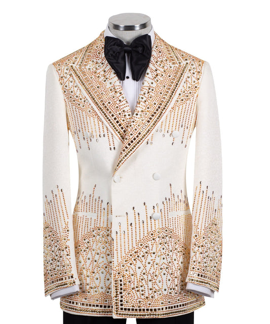 Cream Embellished Double Breasted Tuxedo | Charly Luxury