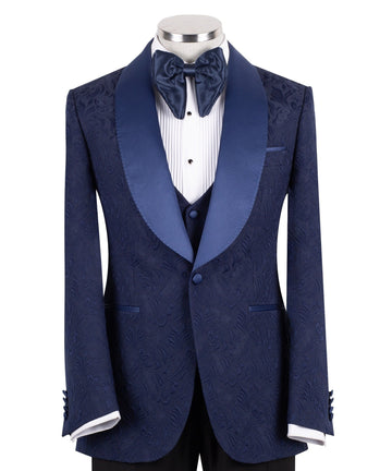 Navy Blue Jacquard Peak Lapel Three-Piece Tuxedo | Charly Luxury