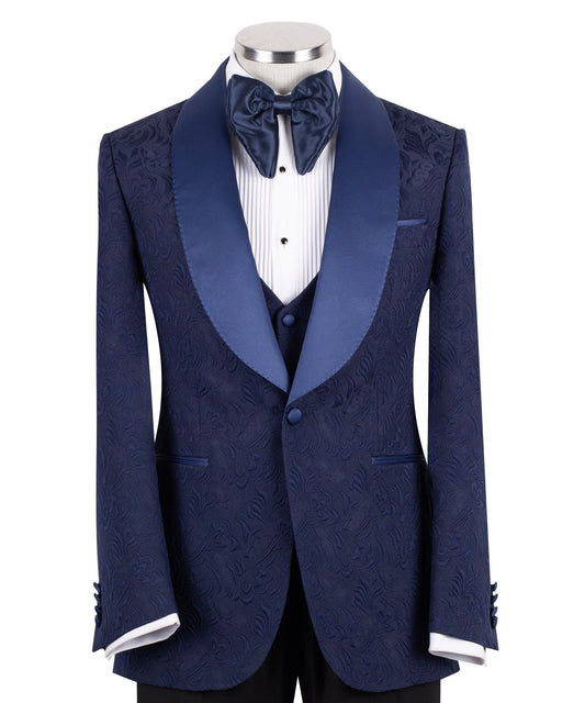 Navy Blue Jacquard Peak Lapel Three-Piece Tuxedo | Charly Luxury