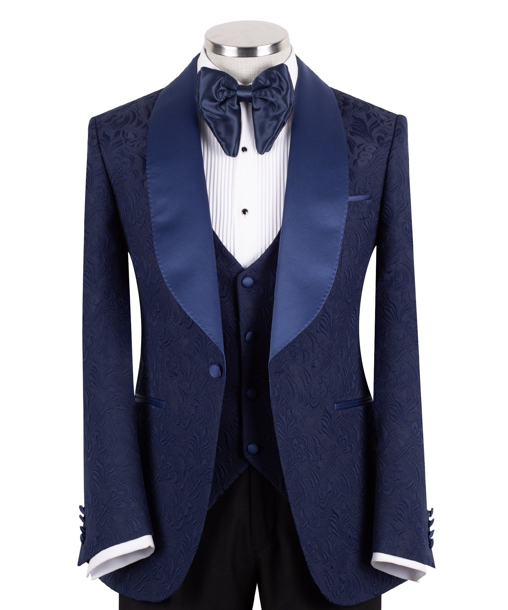 Navy Blue Jacquard Peak Lapel Three-Piece Tuxedo | Charly Luxury