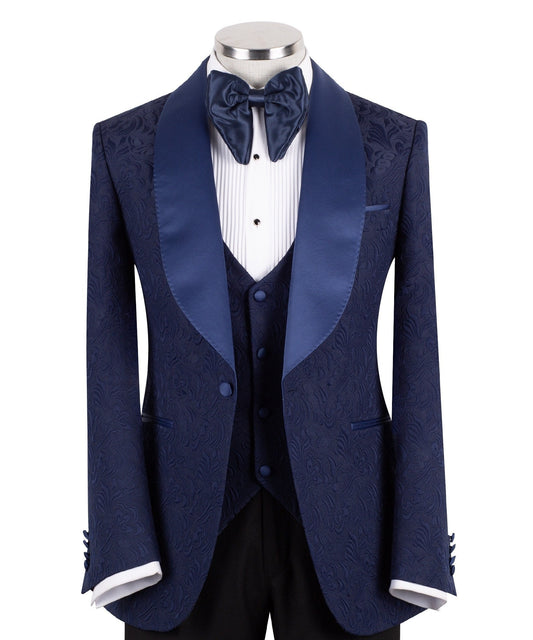 Navy Blue Jacquard Peak Lapel Three-Piece Tuxedo | Charly Luxury