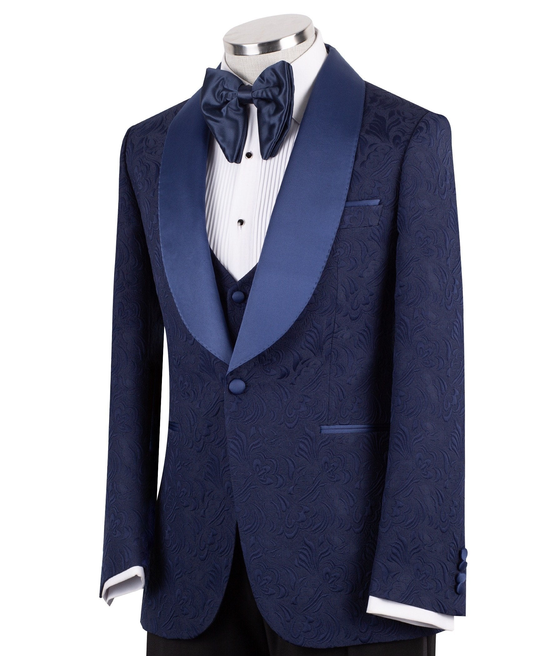 Navy Blue Jacquard Peak Lapel Three-Piece Tuxedo | Charly Luxury