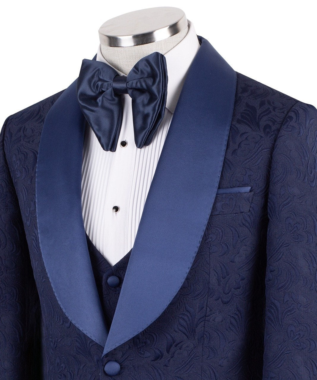 Navy Blue Jacquard Peak Lapel Three-Piece Tuxedo | Charly Luxury