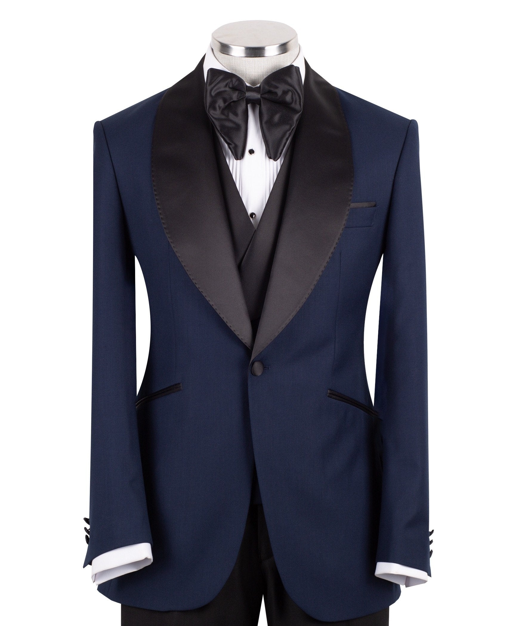 Navy Blue Wool Blend Shawl Lapel Three Piece Tuxedo | Charly Luxury