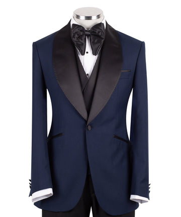 Navy Blue Wool Blend Shawl Lapel Three Piece Tuxedo | Charly Luxury