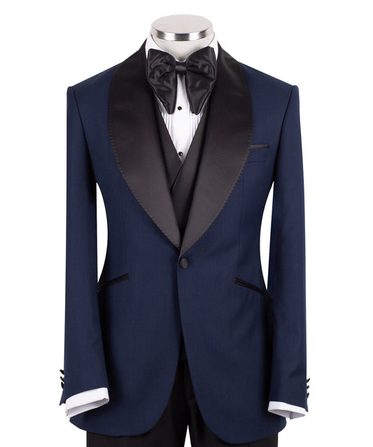 Navy Blue Wool Blend Shawl Lapel Three Piece Tuxedo | Charly Luxury