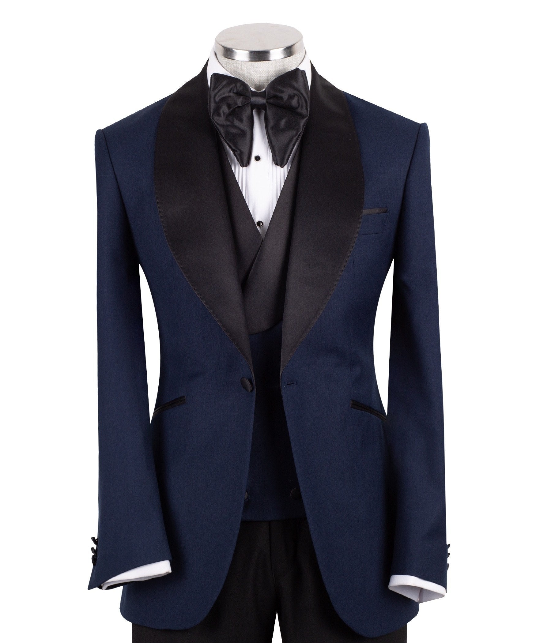Navy Blue Wool Blend Shawl Lapel Three Piece Tuxedo | Charly Luxury