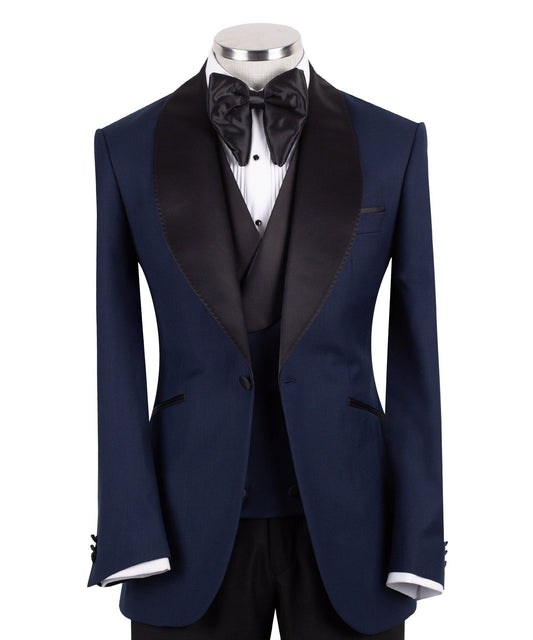 Navy Blue Wool Blend Shawl Lapel Three Piece Tuxedo | Charly Luxury