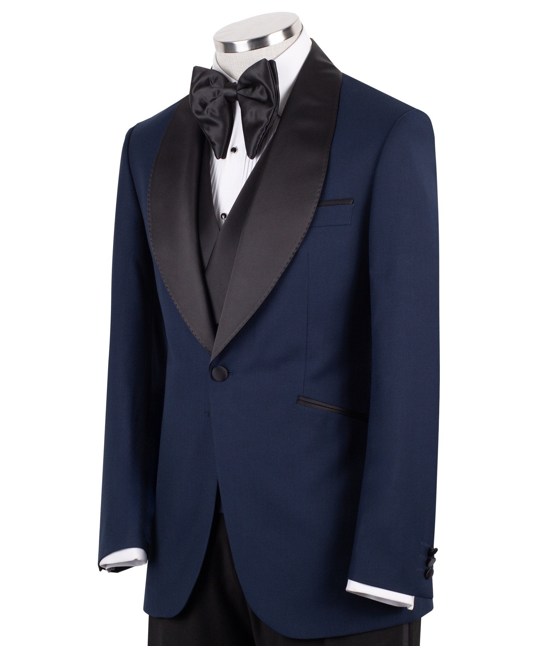 Navy Blue Wool Blend Shawl Lapel Three Piece Tuxedo | Charly Luxury