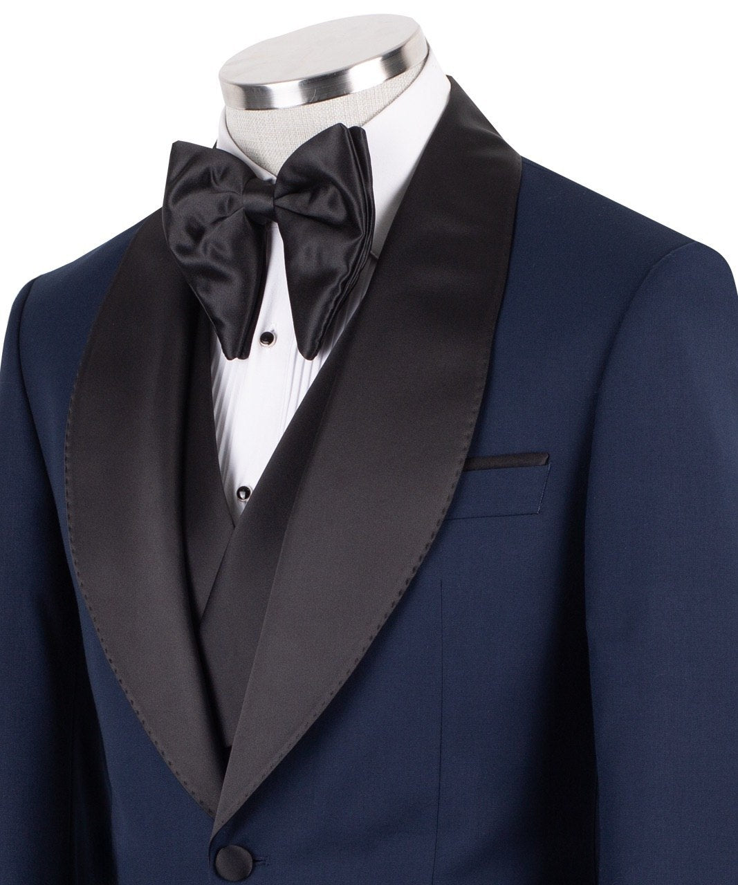 Navy Blue Wool Blend Shawl Lapel Three Piece Tuxedo | Charly Luxury