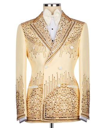 Champagne Gold Embellished Double Breasted Peak Lapel Tuxedo | Charly Luxury