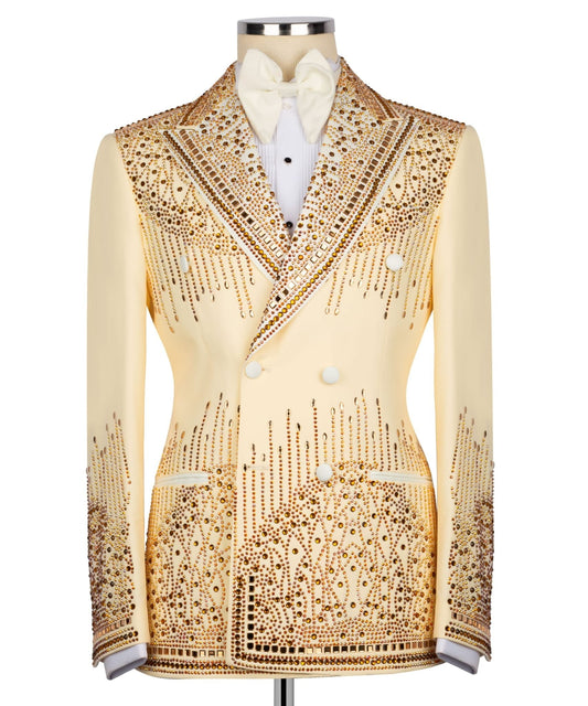 Champagne Gold Embellished Double Breasted Peak Lapel Tuxedo | Charly Luxury