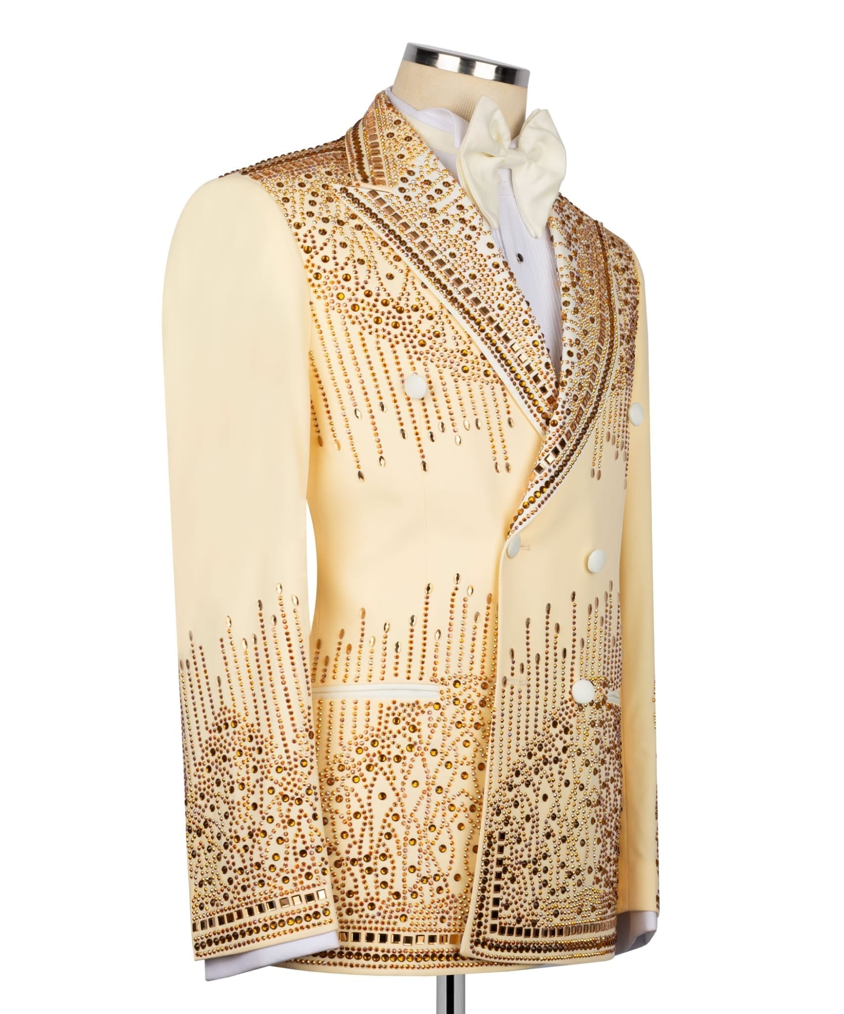 Champagne Gold Embellished Double Breasted Peak Lapel Tuxedo | Charly Luxury