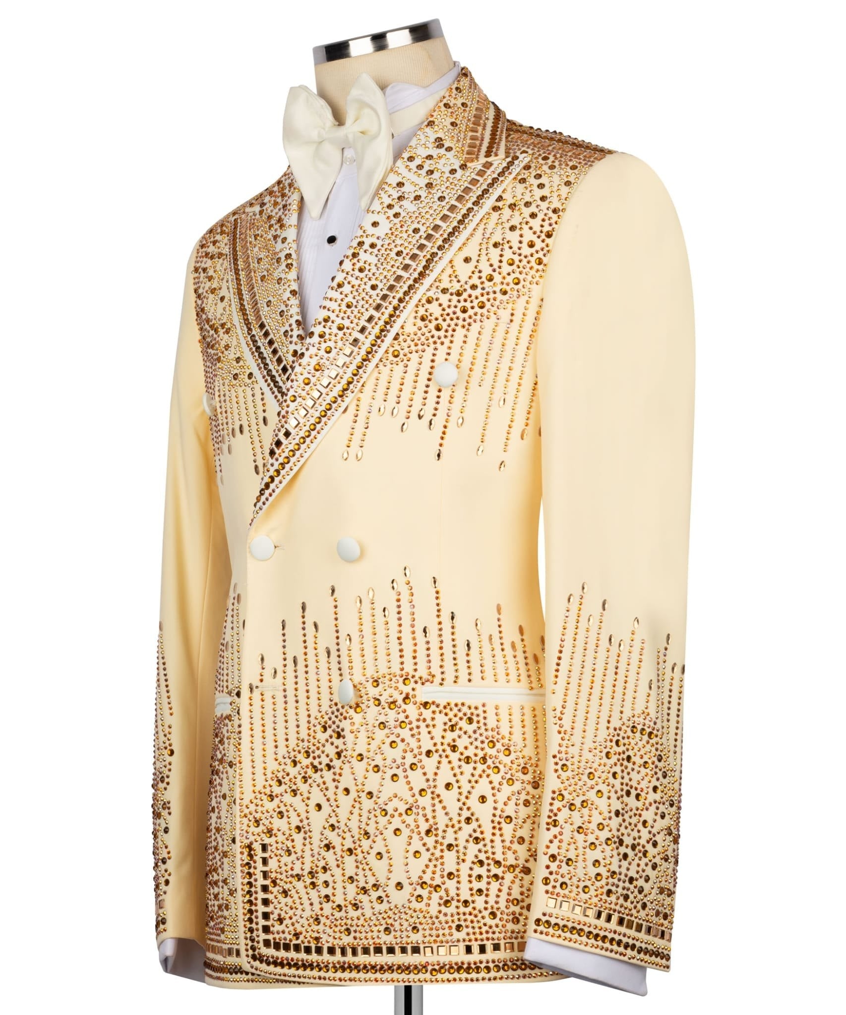 Champagne Gold Embellished Double Breasted Peak Lapel Tuxedo | Charly Luxury