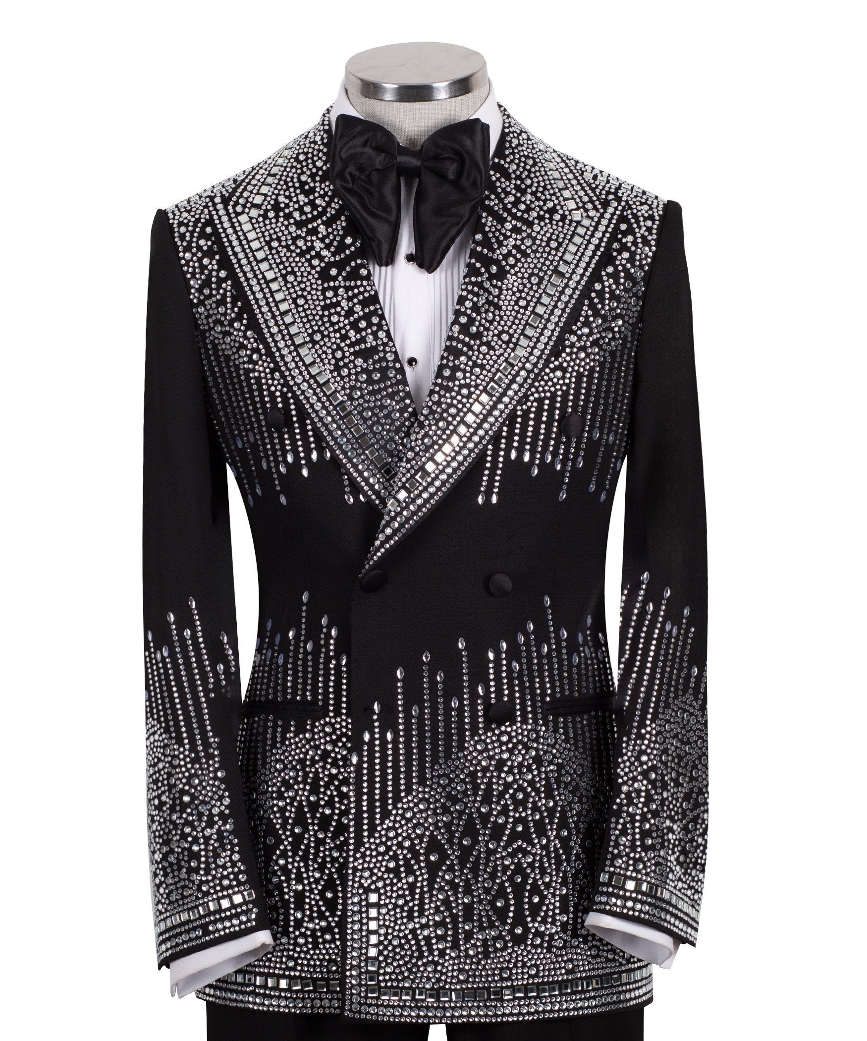 Black Embellished Wool Blend Double Breasted Tuxedo | Charly Luxury