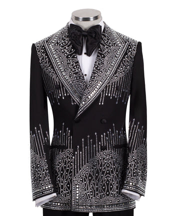 Black Embellished Wool Blend Double Breasted Tuxedo | Charly Luxury