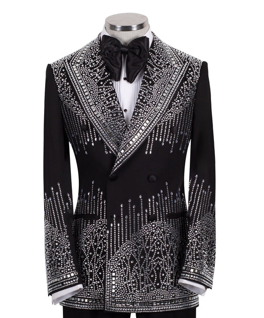 Black Embellished Wool Blend Double Breasted Tuxedo | Charly Luxury
