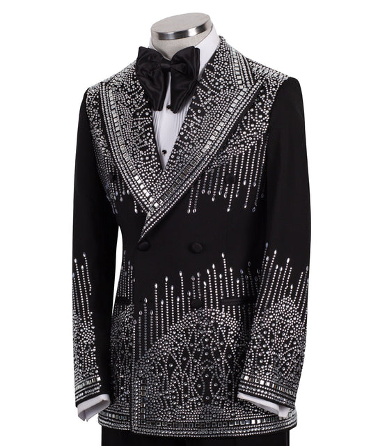 Black Embellished Wool Blend Double Breasted Tuxedo | Charly Luxury