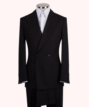 Charly Couture — Obsidian Double-Breasted Suit with Crimson Pick Stitching