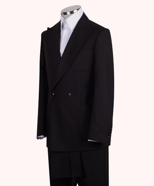 Charly Couture — Obsidian Double-Breasted Suit with Crimson Pick Stitching